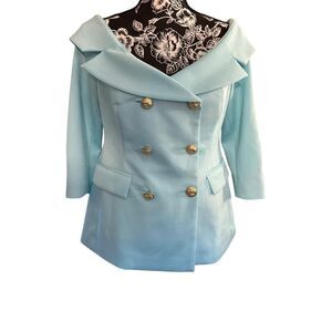 STUNNING Alexis Admor Light Blue Off-Shoulder Blazer with Gold Buttons Size 10